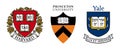 Harvard, Princeton, Yale - top 3 Ivy League universities logo shield. Famous USA university logo. Vector